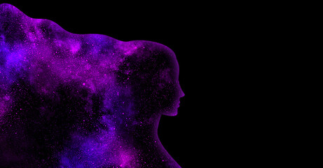 Blue and purple shining star universe in the shape of a woman's profile silhouette on a black background © Alrika 