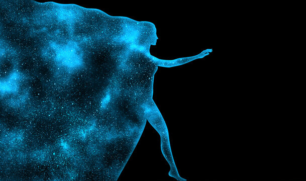 Fototapeta Blue shining star universe in the shape of a woman's profile silhouette in full height on a black background. A woman comes out of space