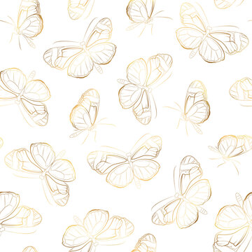 Butterfly seamless pattern. Insect wings flight. Shiny golden outline on white background. Detailed line drawing.