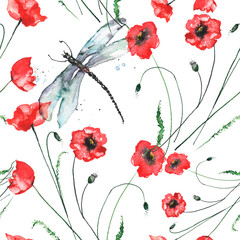 Seamless watercolor background with, flowers, paint splash. Watercolor card with a picture of dragonfly,flower branch, red poppy, peony, sheet,floral pattern.Flower fragrance.Trendy vintage background