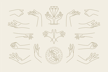 Female hands gestures collection of line art hand drawn style vector illustrations.