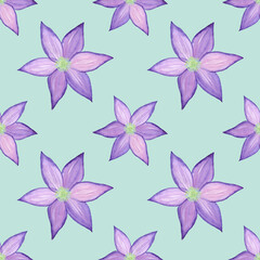 Fototapeta na wymiar Watercolor flowers of violet clematis on a blue background, seamless pattern.