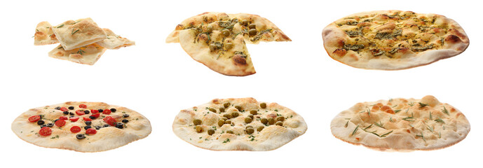Set with different traditional Italian focaccia on white background. Banner design