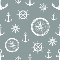 Nautical seamless pattern with white helms, anchors and compass on grey.