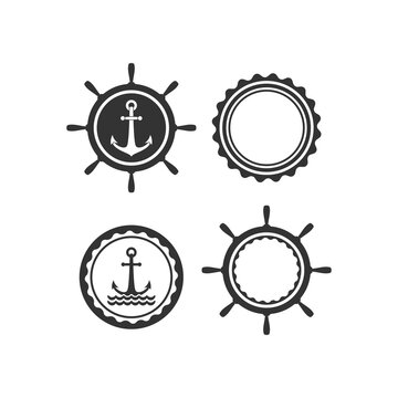 Nautical labels set. helm and anchor isolated on white. Ship and boat steering wheel sign.