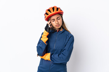Young hispanic cyclist woman isolated on white background with headache