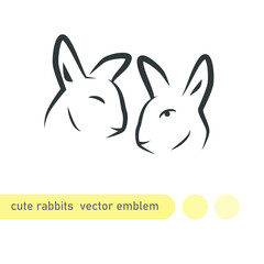 Cute couple of rabbits together. Vector emblem. Two bunny heads isolated on white background.