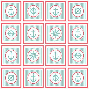 Nautical seamless pattern with helms and anchors on white. Ship and boat steering wheel ornament