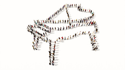 Concept or conceptual large community of people forming the image of piano on white background. A 3d illustration metaphor for music, concert, accoustic, orchestra, classic,  culture and entertainment