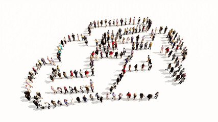 Concept or conceptual large community of people forming the image of a formula one car on white background. A 3d illustration metaphor for motorsport, competition, race, speed and power