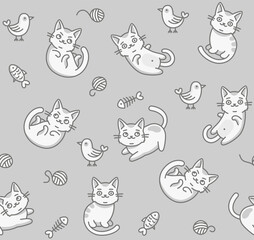Cute Cartoon Cat Seamless Pattern on Light Background. Vector