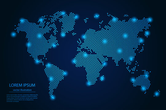 Abstract image World map from point blue and glowing stars on a dark background. vector illustration.
