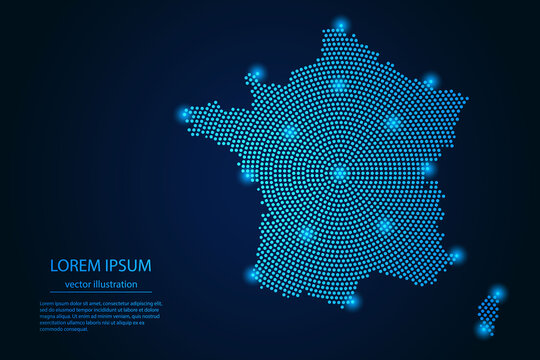 Abstract image France map from point blue and glowing stars on a dark background. vector illustration.
