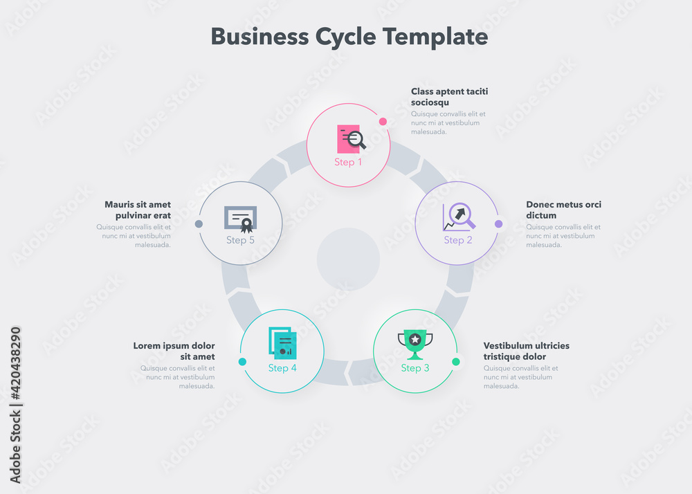 Poster Simple concept for business cycle diagram with five steps and place for your description. Flat infographic design template for website or presentation.