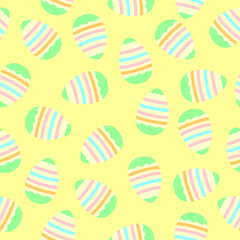 Seamless pattern on the theme of Easter in bright colors with a yellow background. Pattern with Easter colorful eggs.