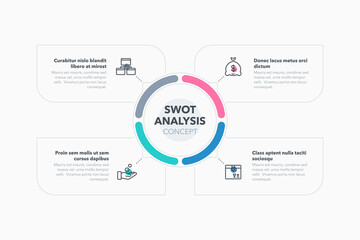 Simple concept for swot analysis concept with four steps and place for your description. Flat infographic design template for website or presentation.