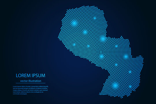 Abstract image Paraguay map from point blue and glowing stars on a dark background. vector illustration.