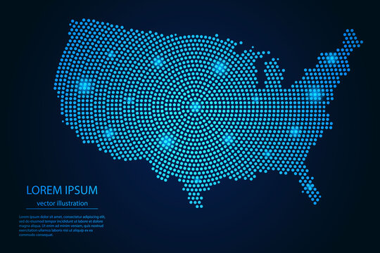 Abstract image United States of America map from point blue and glowing stars on a dark background. vector illustration.