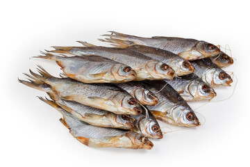 Heap of salted and dried roach on white background