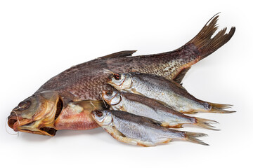 Salted and dried bream and roach fish on white background