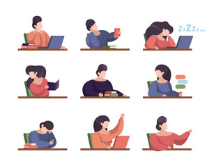 Lazy students. People in lecture room with laptop college persons studying sitting listening talking sleeping in university garish vector illustrations