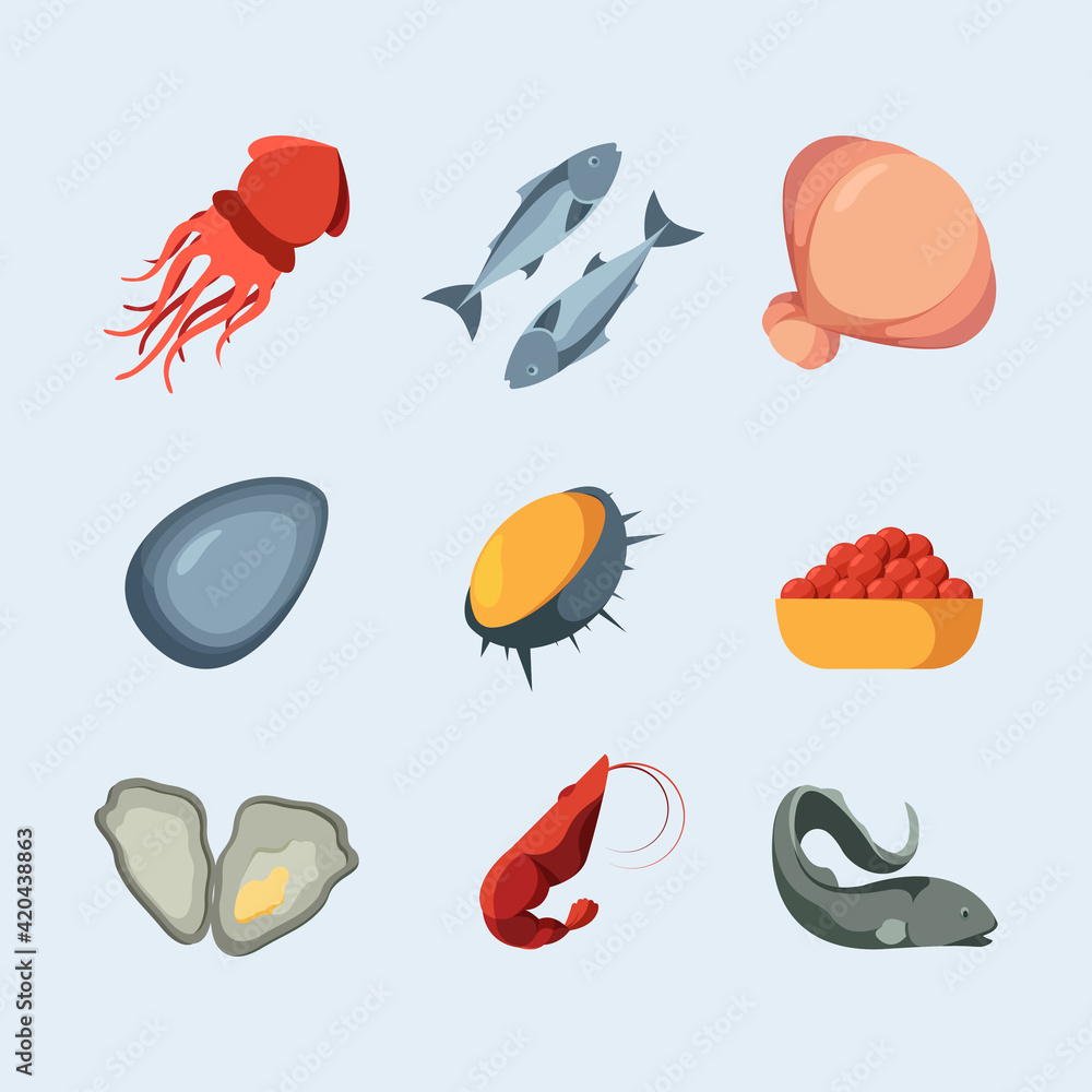 Poster Seafood. Fresh marine products scallop fish squids crab delicious cuisine ingredients garish vector seafood colored flat illustration set isolated