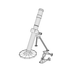 Firearm weapon army mortar and mine. Wireframe low poly