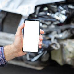 Mock up for Insurance service, driving school, tow truck call or web app above car accident. White...