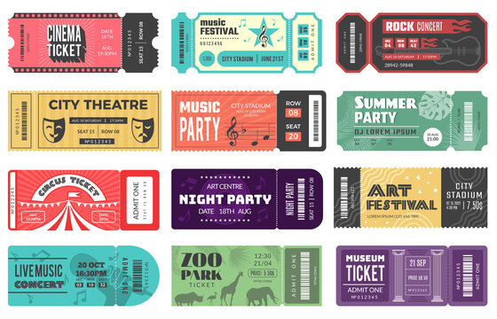Entertainment tickets. Event cardboard labels cinema theatre kids playground music festival recent vector design tickets set isolated