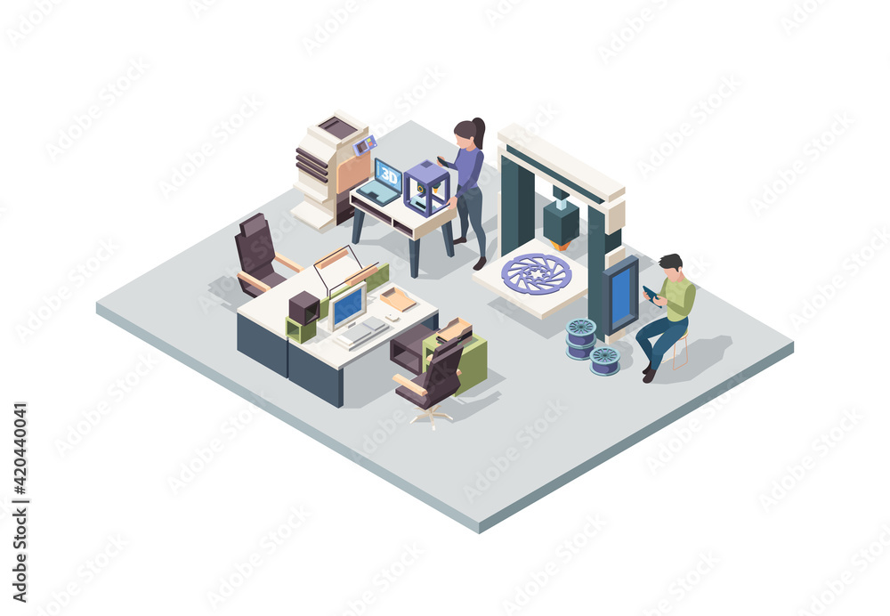 Poster engineers 3d printing. people designed use smart technology making 3d parts garish vector isometric 