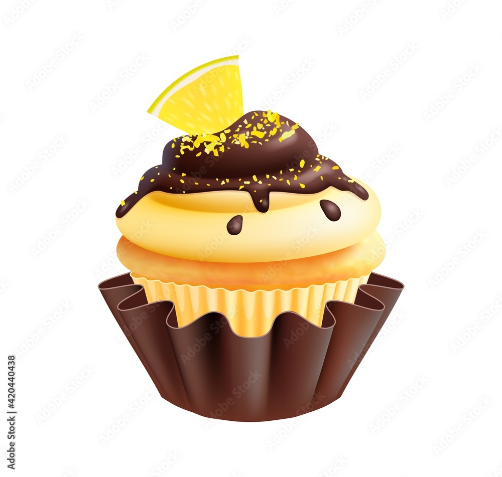 Poster lemon cake. isolated realistic cupcake with lemons slice and choco glazed. sweet white biscuit with 