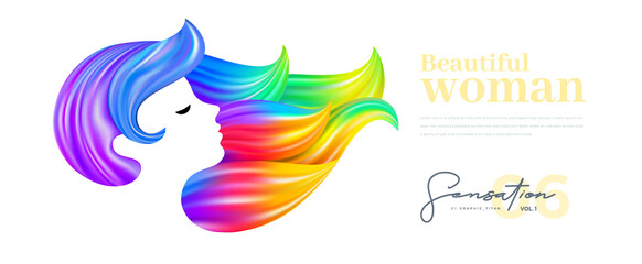 Fashionable women vector with artistic colorful hair. Vector element for poster, flyer, cover, website, spa, salon.