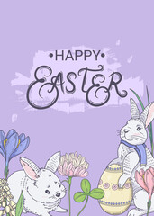 Vertical Easter flyer with bunnies and spring flowers