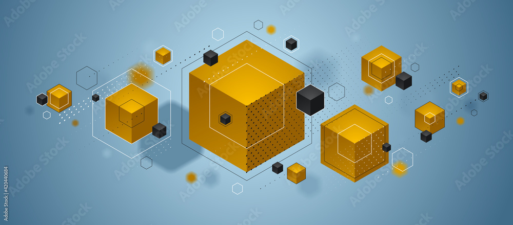 Poster abstract vector design with cluster of 3d cubes with yellow and blue elements vector design, can be 