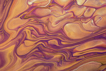 Abstract fluid art background dark purple and orange colors. Liquid marble. Acrylic painting on canvas with golden lines