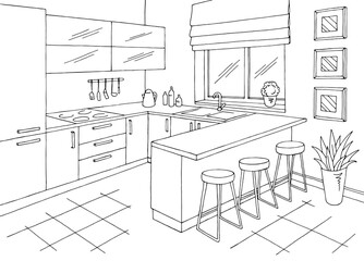Kitchen room interior black white graphic sketch illustration vector