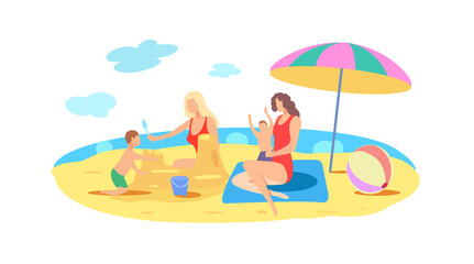 Obraz na płótnie Canvas Two women lesbians with children are resting on the beach by the sea. Gay women. LGBT, lesbians. Vector flat illustration