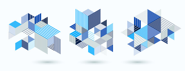 Line design 3D cubes and triangles abstract backgrounds set, polygonal low poly isometric retro style templates. Stripy graphic elements isolated. Templates for posters or banners, covers or ads. © Sylverarts