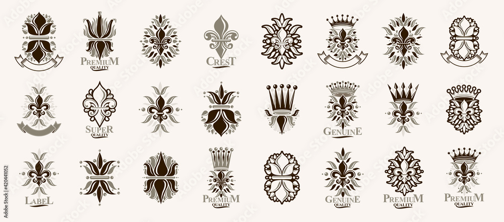 Wall mural Heraldic Coat of Arms with Lily Flower and crowns symbol vector big set, vintage antique heraldic badges and awards collection, symbols in classic style design elements, De Lis.