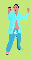 Fototapeta premium Middle aged man celebrating win on his phone while in his pajamas