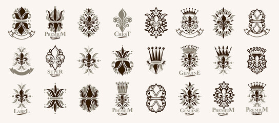 Heraldic Coat of Arms with Lily Flower and crowns symbol vector big set, vintage antique heraldic badges and awards collection, symbols in classic style design elements, De Lis.