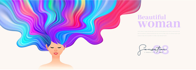 Beautiful woman vector with long colorful open hair and closed eyes, Stylish woman with painting style hair, Vector design element for beauty and fashion, spa, salon.