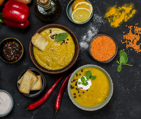 different types of lentil soup. coconut cream and herbs, spices and ingredients. vegetarian food 