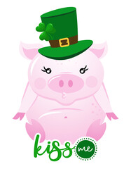 Kiss me I am Irish - funny St Patrik's Day kawaii character design with pink pig on white background. Good for posters, flyers, t-shirts, cards, invitations, stickers, banners, gifts.