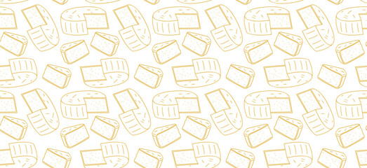 Light seamless pattern with round large cheese. Image for an article about farms and livestock. Background for design business concepts and advertising. Cover for cookbook, menu, brochure, catalog.