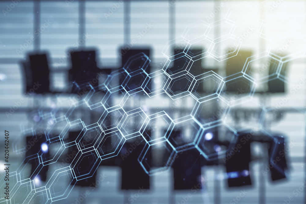Poster Double exposure of abstract virtual technology hologram with hexagon on a modern meeting room background. Research and development software concept