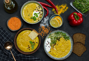 different types of lentil soup. coconut cream and herbs, spices and ingredients. vegetarian food 