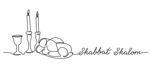 Shabbat Shalom, peaceful sabbath, vector poster, banner, background with challah, candle, wine. Shabbat Shalom lettering. - obrazy, fototapety, plakaty