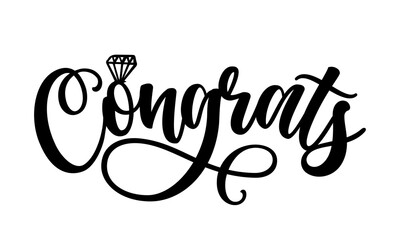 Congrats word - Black hand lettered quotes with diamond ring for greeting cards, gift tags, labels, wedding sets. Groom and bride design. Congratulations text with diamond ring.