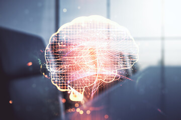 Virtual creative artificial Intelligence hologram with human brain sketch on a modern conference room background. Multiexposure